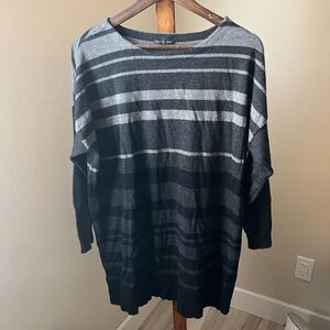 Eileen Fisher Tunic Sweater Large 100% Merino Wool Gray Black Striped *HOLES